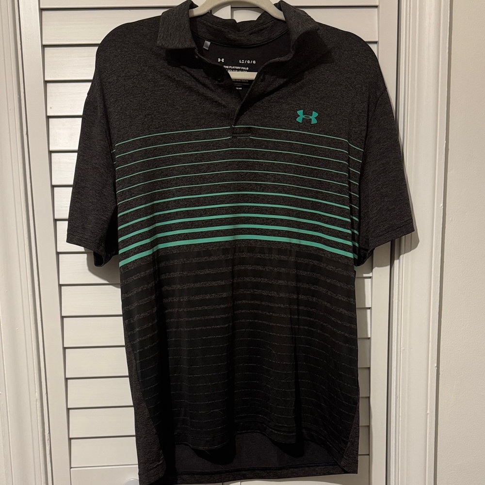 Under Armour Men's Charcoal and Teal Striped Golf Polo